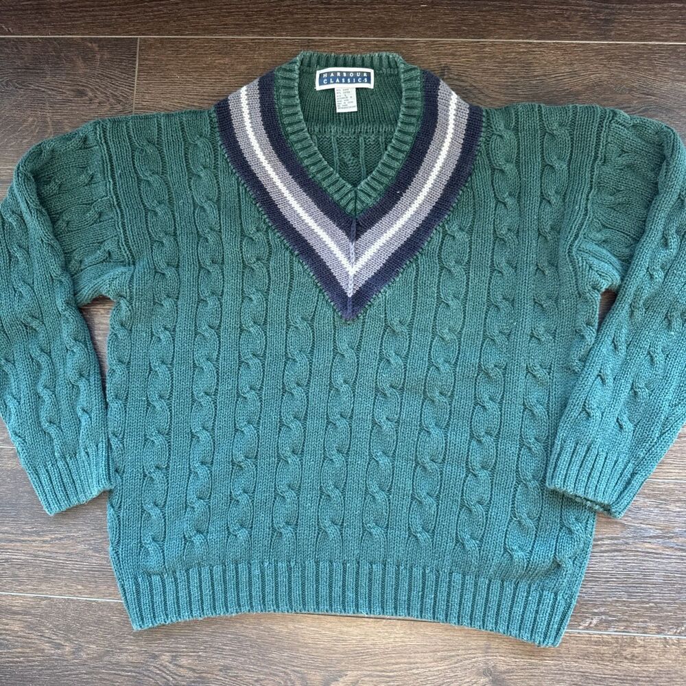 Vintage V Neck Harbour Classics Heavy Cable Knit Sweater; Mens Size Large